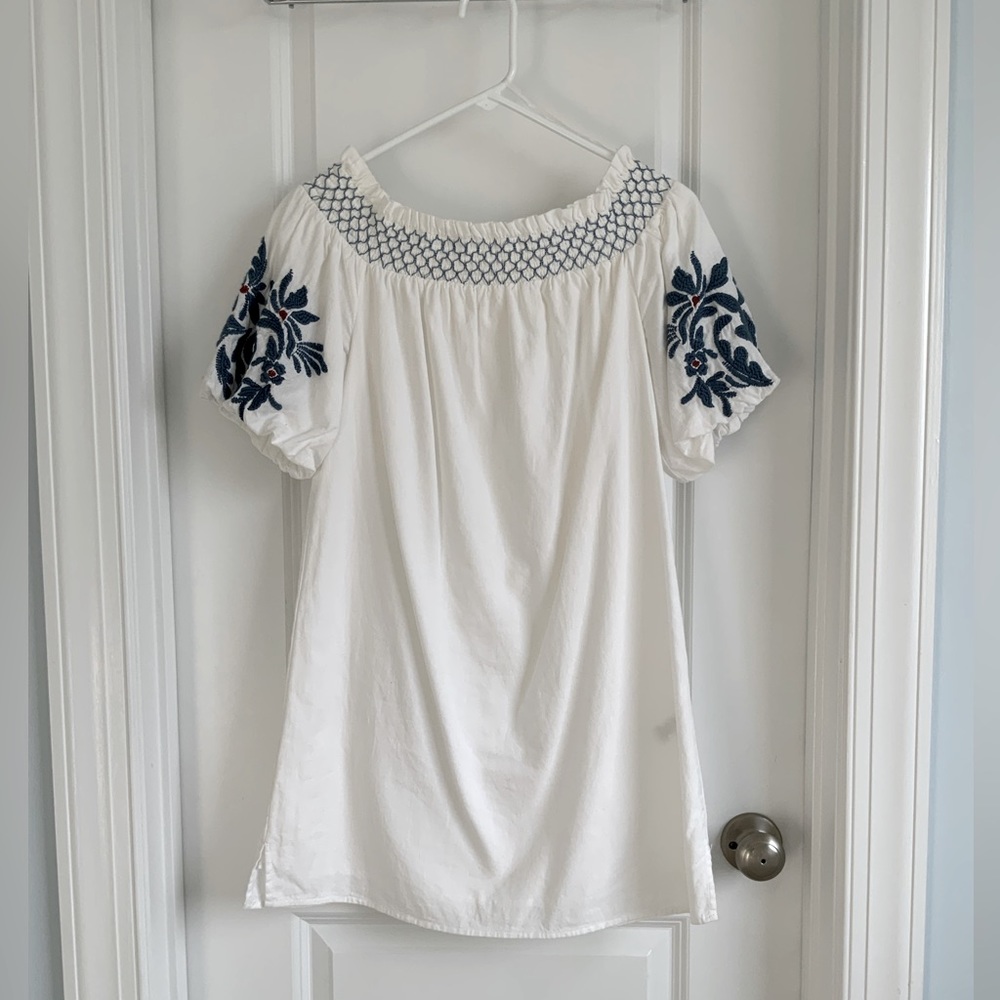 BeachLunchLounge Shift Dress Blue Embroidered Off Shoulder Puff Sleeve Small